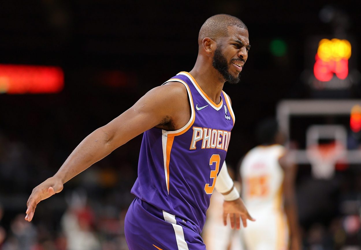 Phoenix Suns point guard Chris Paul reacts during an NBA game against the Atlanta Hawks in February 2022
