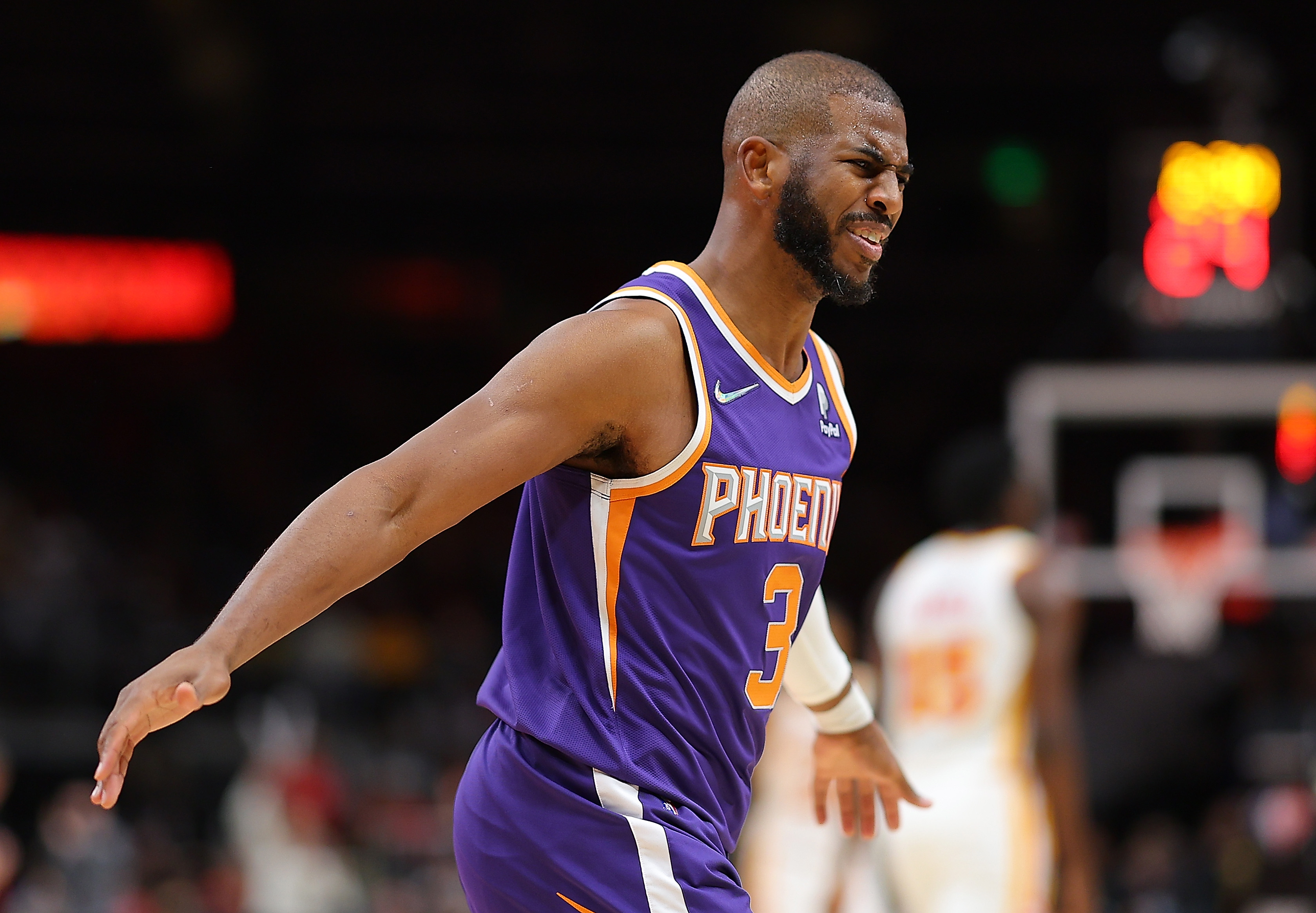 Phoenix Suns point guard Chris Paul reacts during an NBA game against the Atlanta Hawks in February 2022