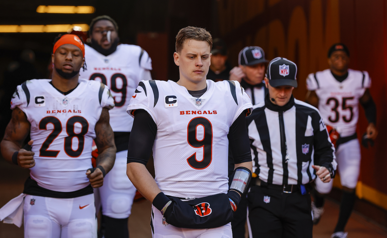 Joe Burrow of the Cincinnati Bengals walks out of the player’s tunnel at halftime with Joe Mixon of the Cincinnati Bengals during the AFC Championship Game against the Kansas City Chiefs at Arrowhead Stadium on January 30, 2022 in Kansas City, Missouri, United States. Winning this game put the Bengals in the 2022 Super Bowl.