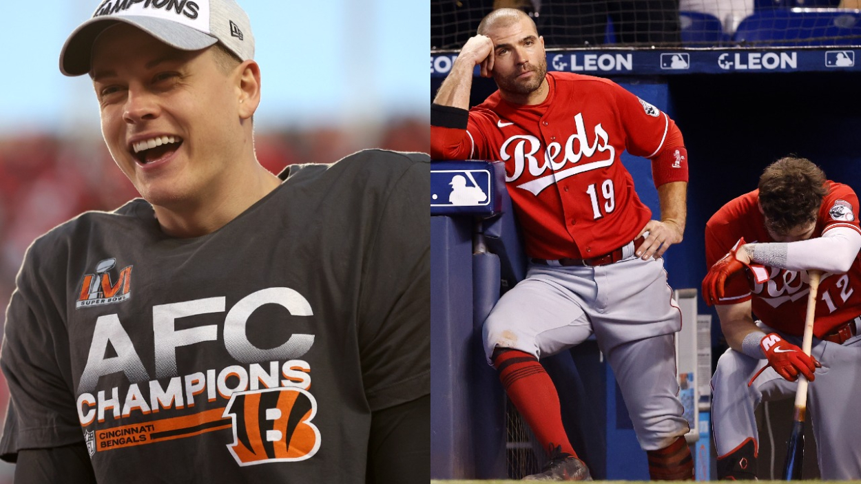 Cincinnati Bengals quarterback Joe Burrow and Cincinnati Reds players Joey Votto and Tyler Naquin.