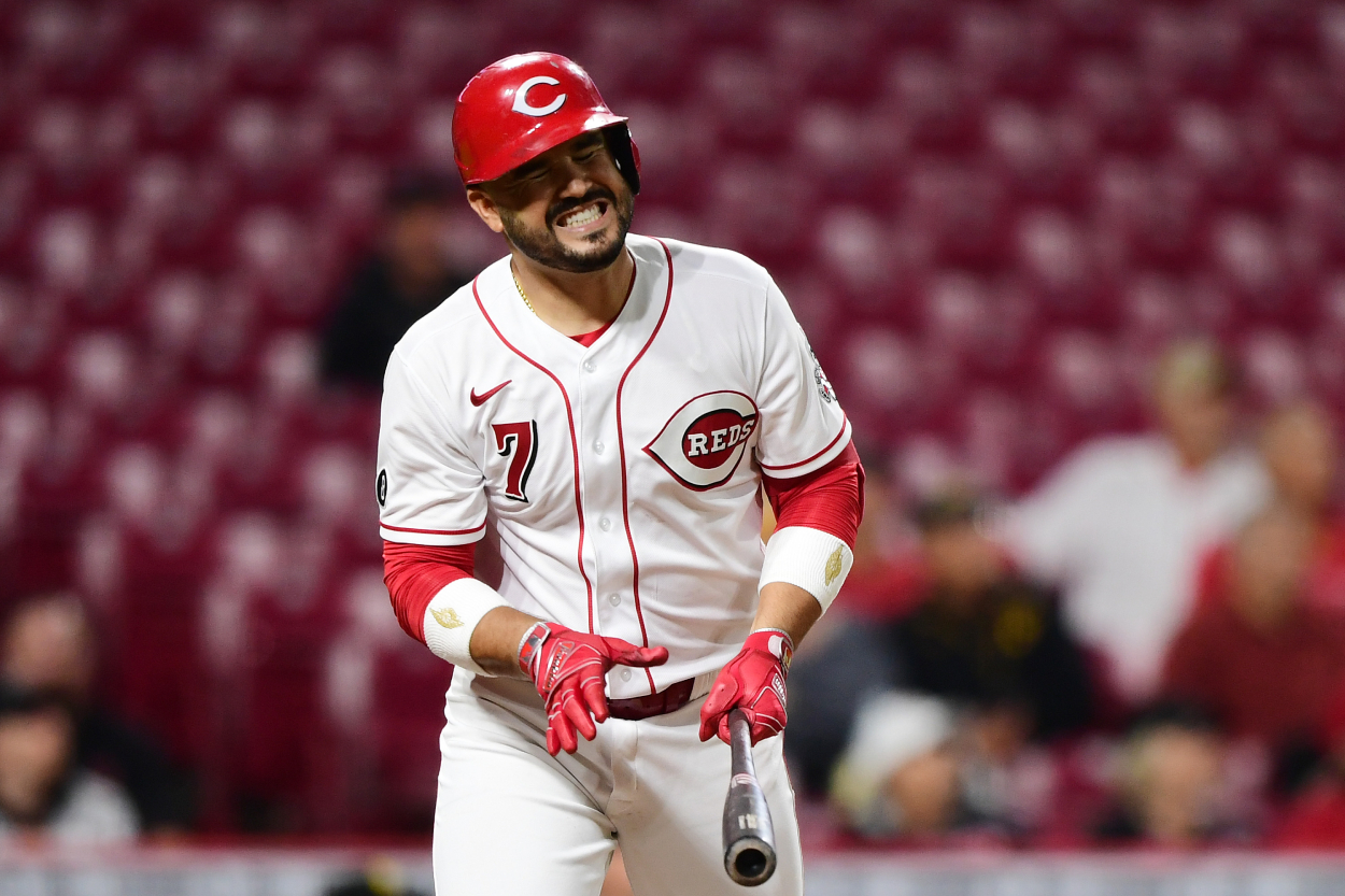 Eugenio Suarez of the Cincinnati Reds during a game in 2021.