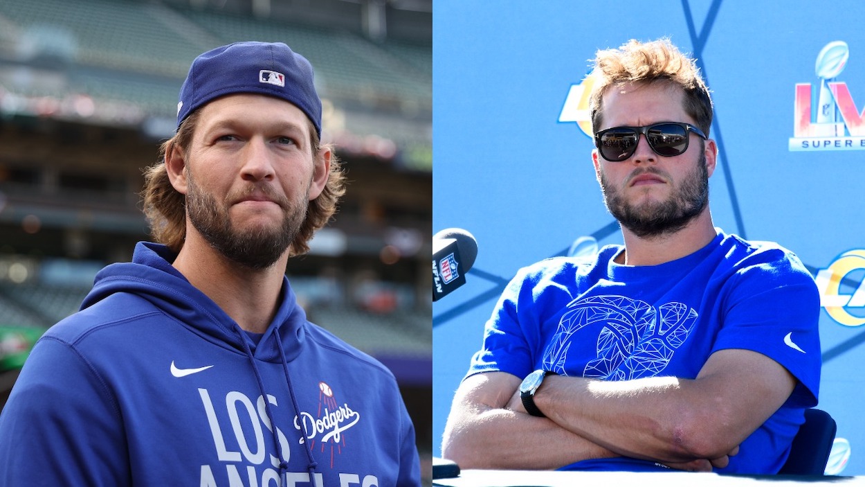 (L-R) Clayton Kershaw of the Los Angeles Dodgers looks on prior to Game 1 of the National League Division Series against the San Francisco Giants at Oracle Park on October 08, 2021; Matthew Stafford of the Los Angeles Rams speaks to the media during a practice for Super Bowl LVI at at California Lutheran University on February 11, 2022.