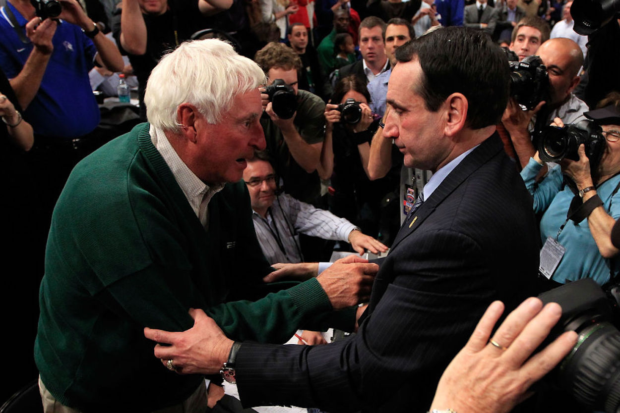 Bob Knight (L) and Mike Krzyzewski (R) share a moment at Madison Square Garden.