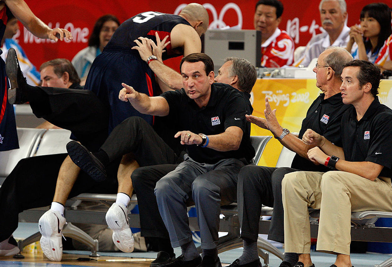 Mike Krzyzewski (center) coaching during the 2008 Olympics.
