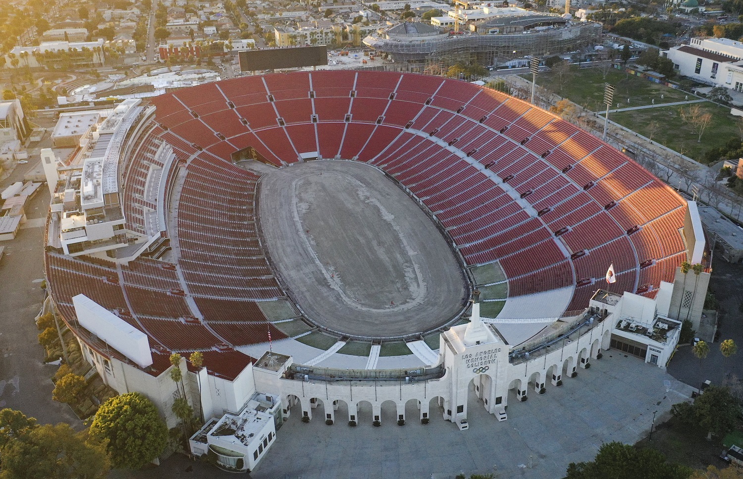 Aerial view of the Los Angeles Coliseum under construction for the NASCAR Busch Light Clash at the Coliseum.