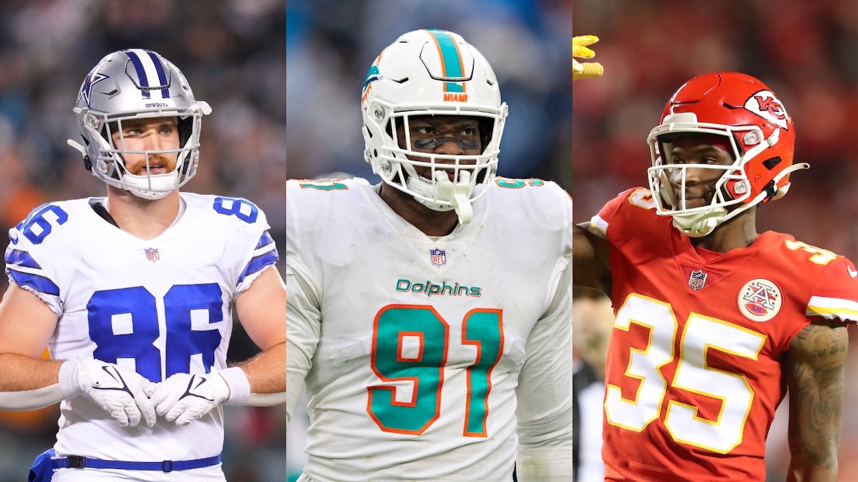 (L-R) Possible 2022 Minnesota Vikings free agent targets in clude Dallas Cowboys TE Dalton Schultz, Miami Dolphins DE Emmanuel Ogbah, and Kansas City Chiefs CB Charvarius Ward.