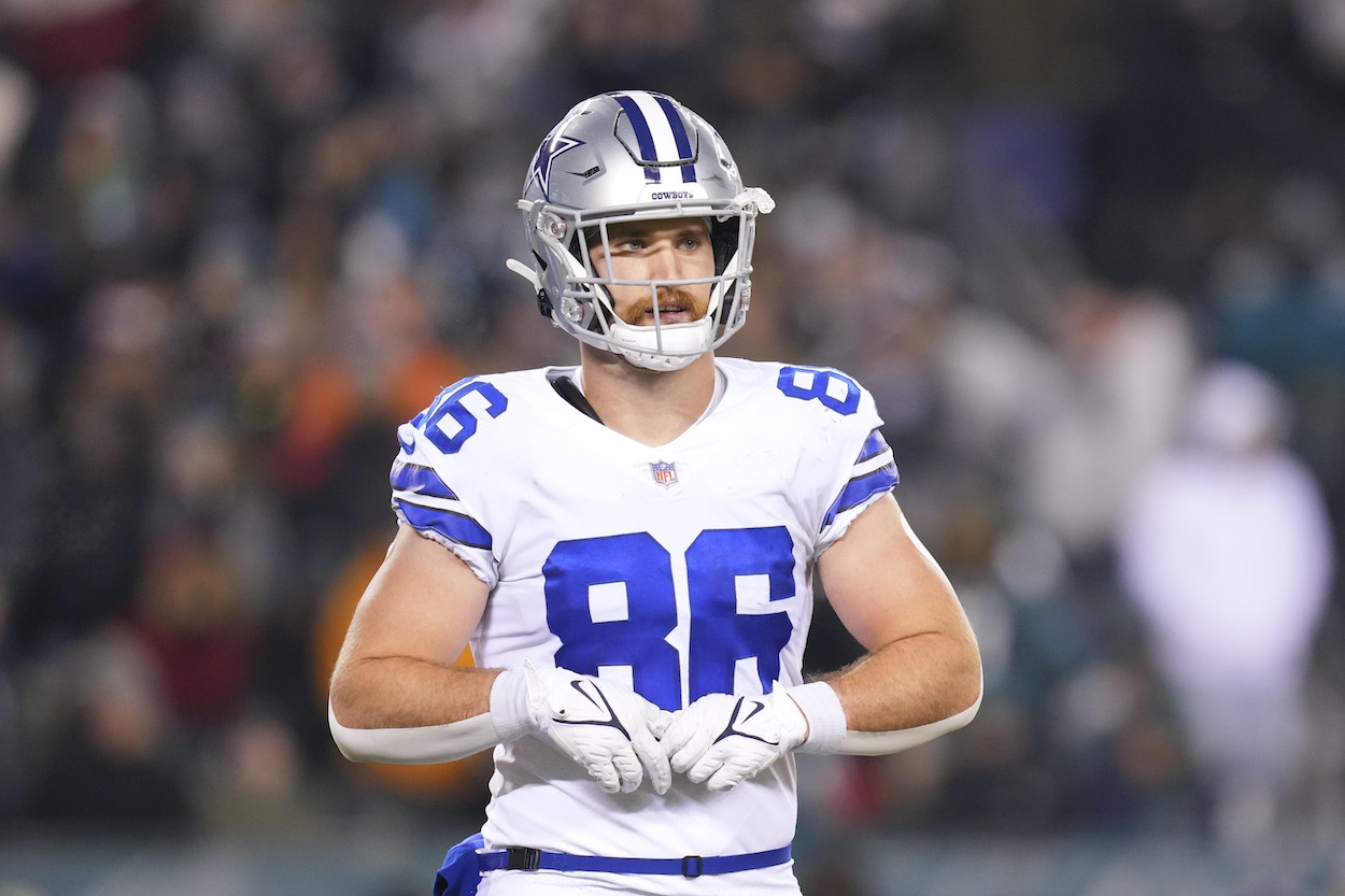 Dalton Schultz of the Dallas Cowboys looks on against the Philadelphia Eagles at Lincoln Financial Field on January 8, 2022 in Philadelphia,