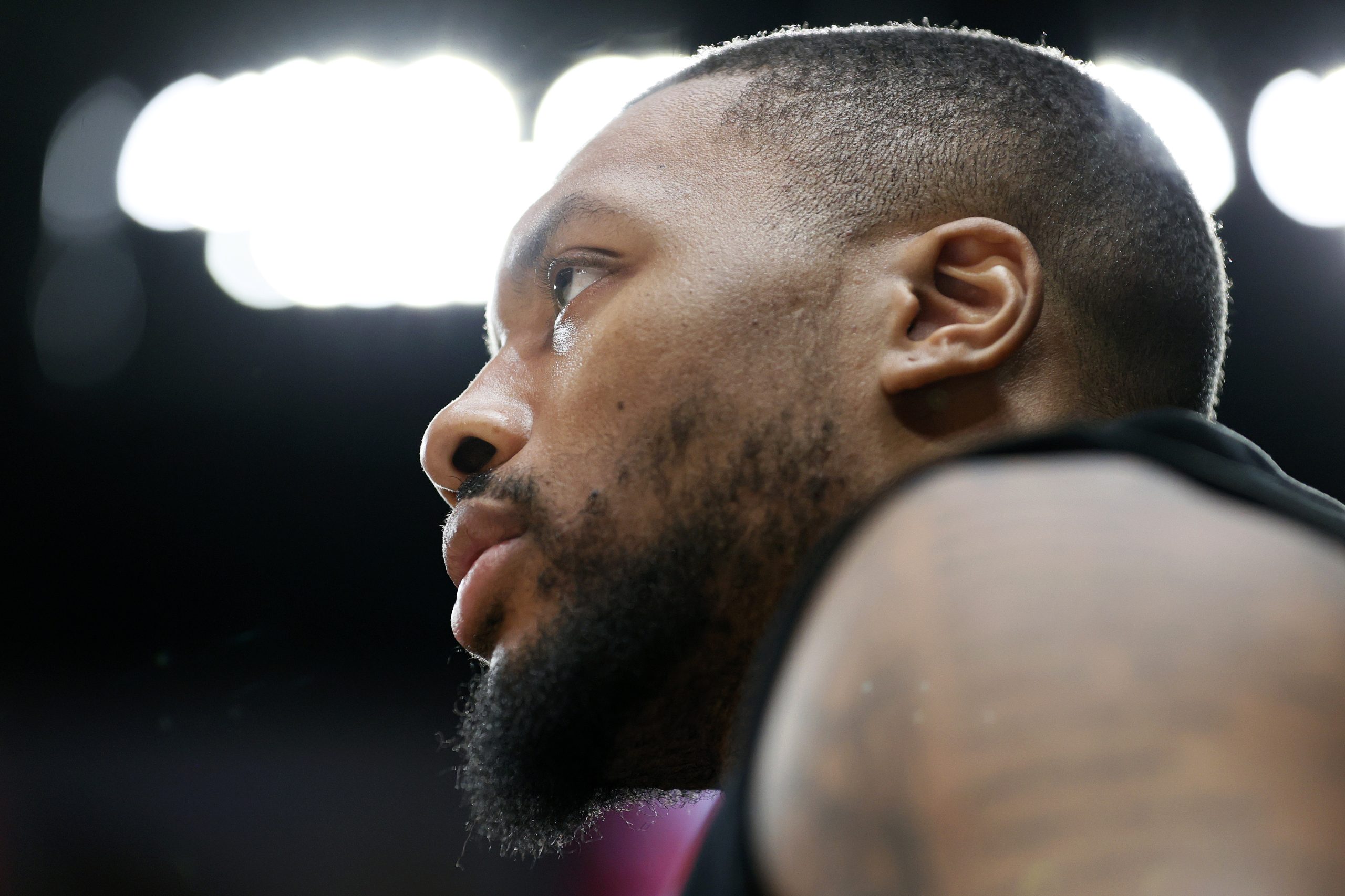 Portland Trail Blazers point guard Damian Lillard looks on before an NBA game against the Orlando Magic