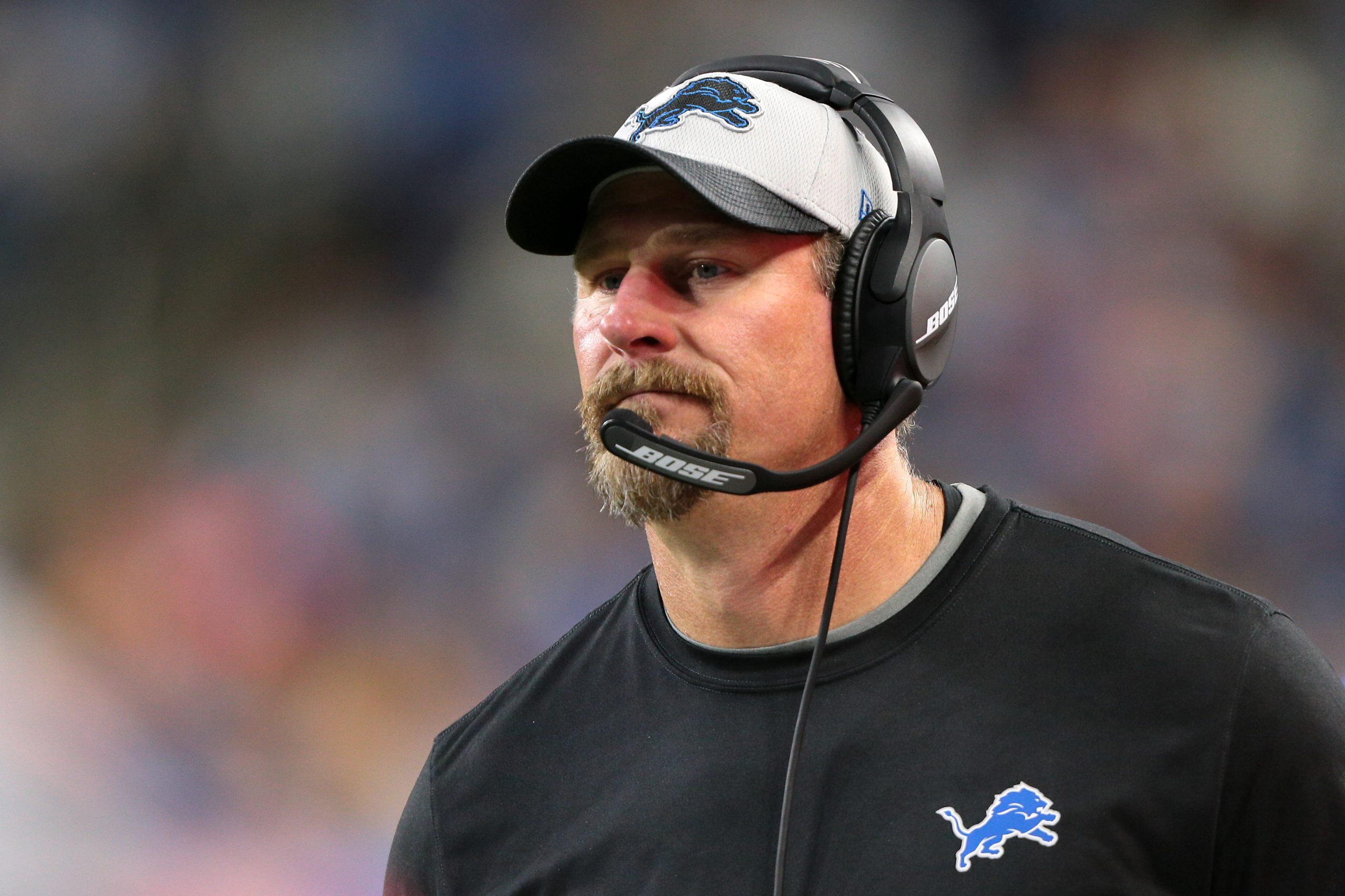 Detroit Lions head coach Dan Campbell, whose staff is coaching the 2022 Senior Bowl, follows the play during the second half of an NFL football game against the Chicago Bears in Detroit, Michigan USA, on Thursday, November 25, 2021.