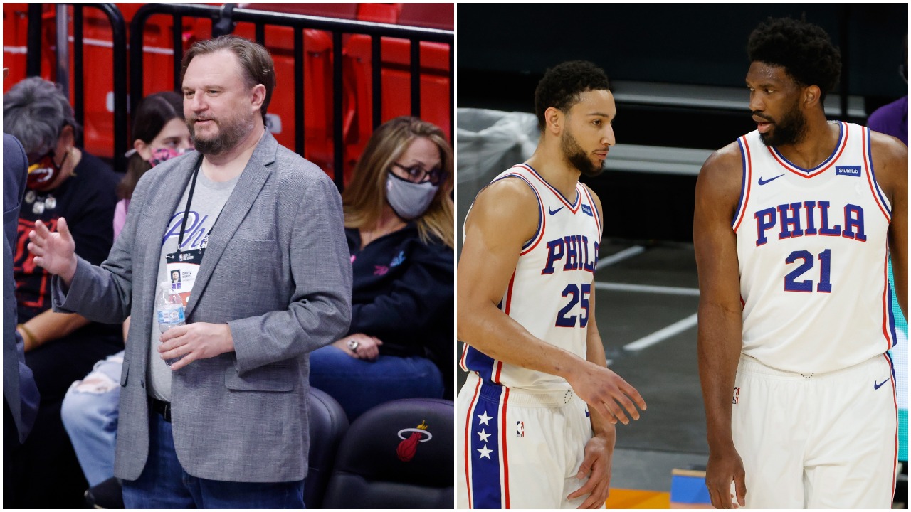 L-R: Philadelphia 76ers president Daryl Morey on the sidelines of an NBA game and Sixers teammates Ben Simmons and Joel Embiid talk during a game in February 2021