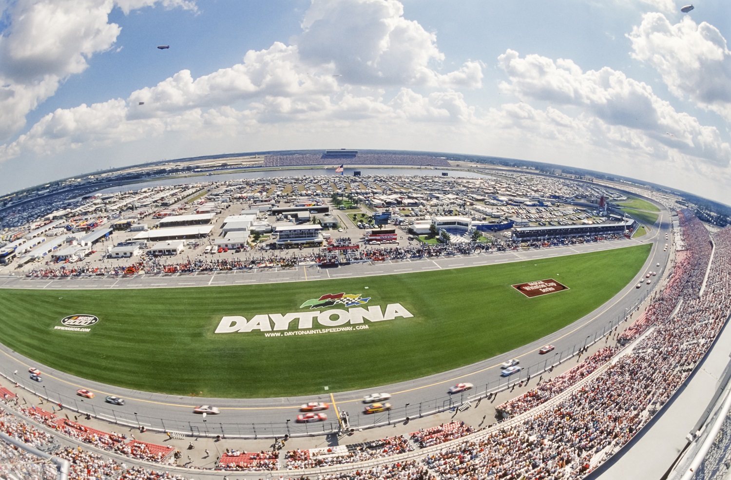 A fish-eye lens view of the Daytona International Speedway from atop the main grandstand.