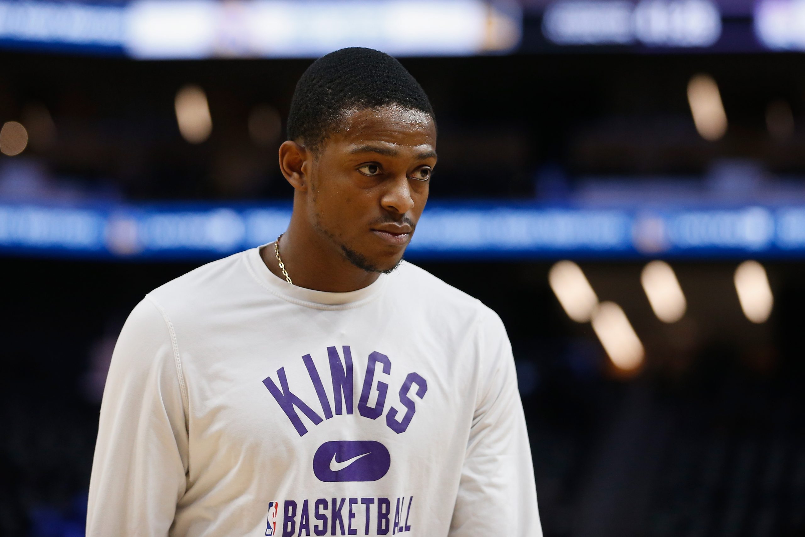 De'Aaron Fox of the Sacramento Kings looks on during the warm up before the game against the Golden State Warriors.