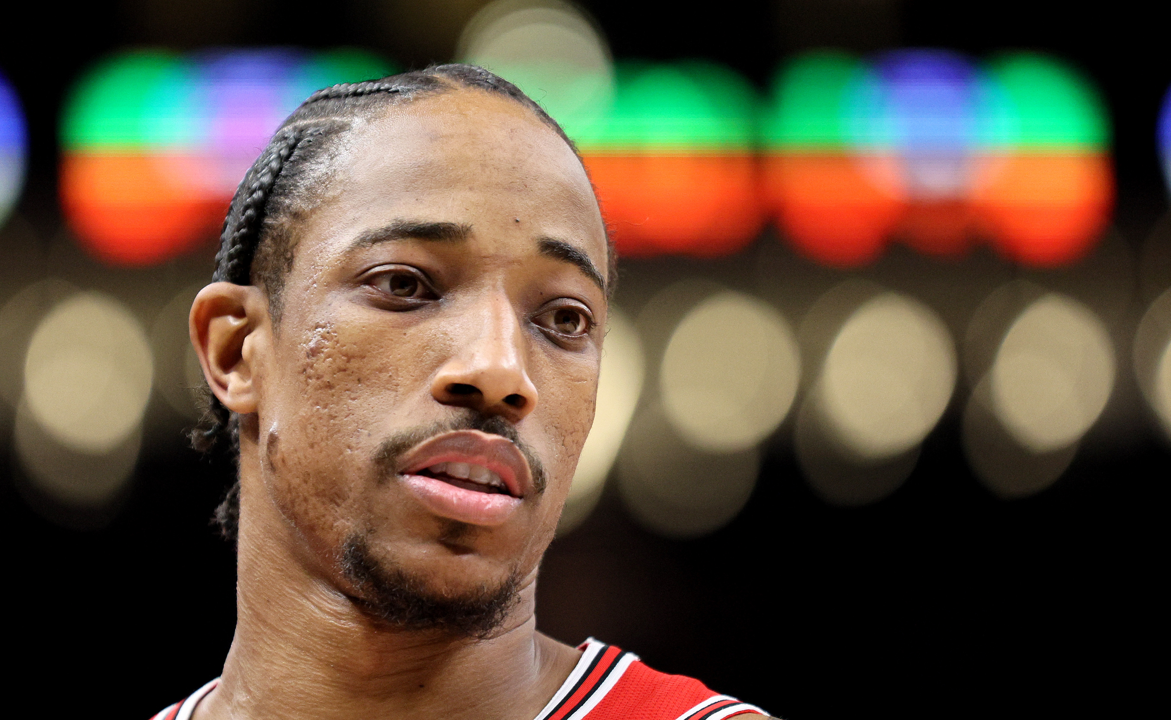 Chicago Bulls star DeMar DeRozan looks on during an NBA game against the Indiana Pacers in February 2022
