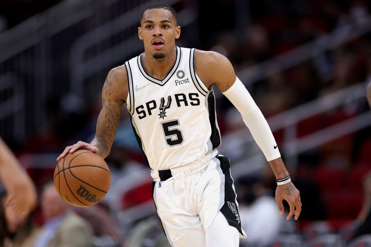 San Antonio Spurs point guard and NBA All-Star snub Dejounte Murray dribbles the ball during a game against the Houston Rockets in January 2022