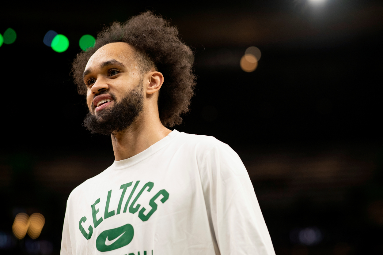 Derrick White of the Boston Celtics reacts before a game against the Denver Nuggets.