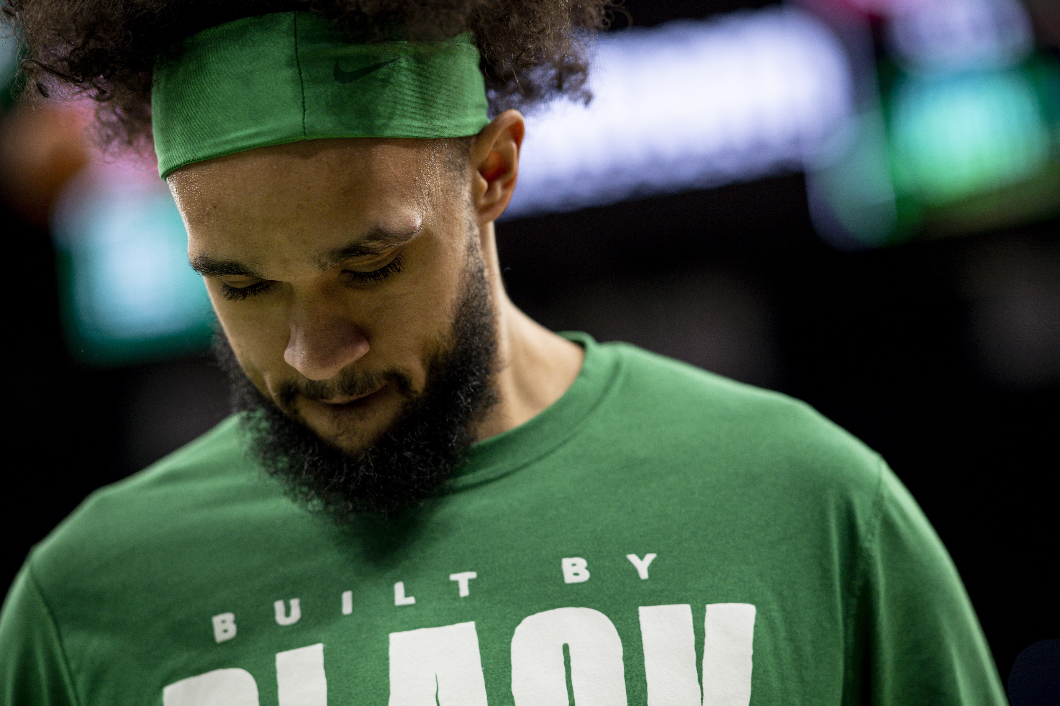 Boston Celtics guard Derrick White prepares for an NBA game against the Atlanta Hawks in February 2022