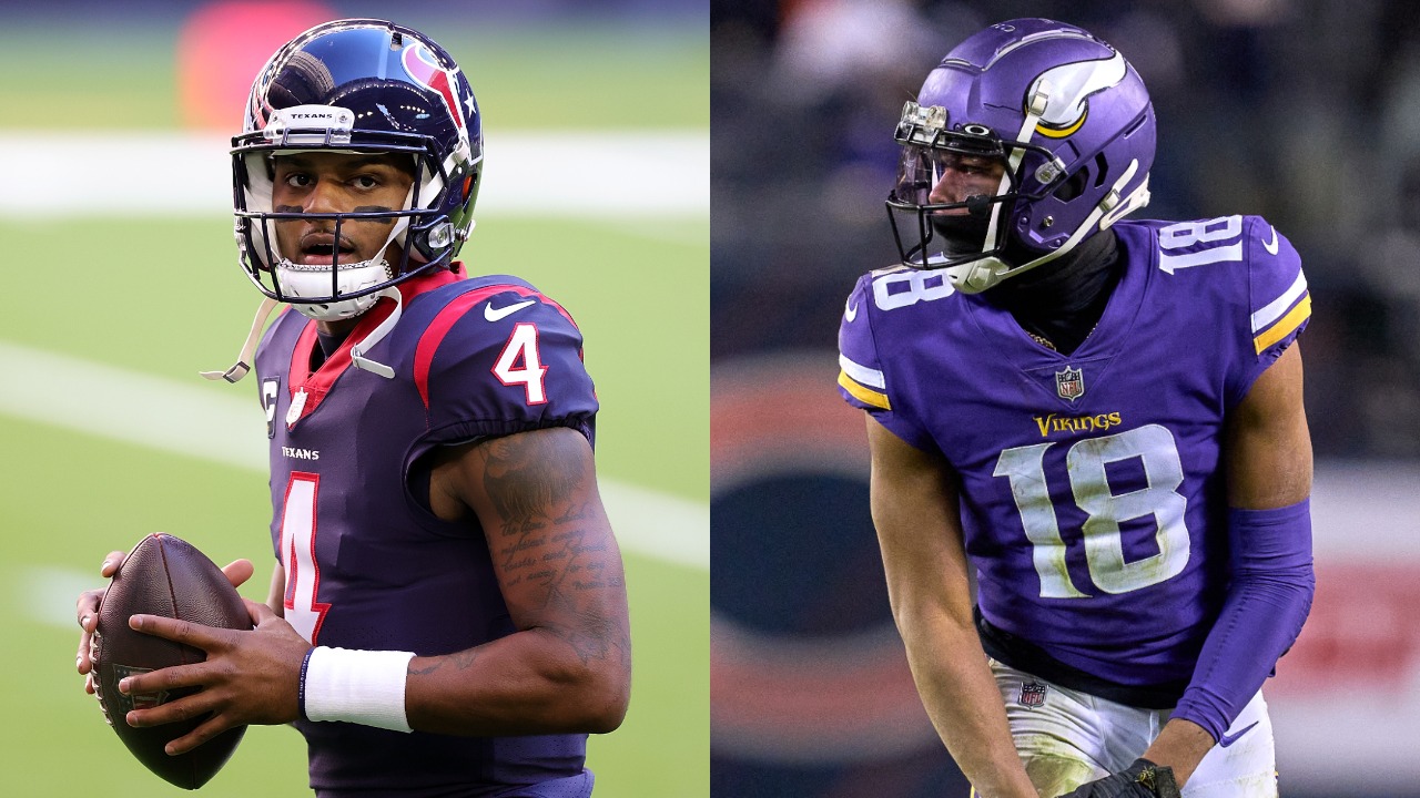 Texans QB Deshaun Watson warms up before a game; Vikings WR Justin Jefferson lines up against the Bears
