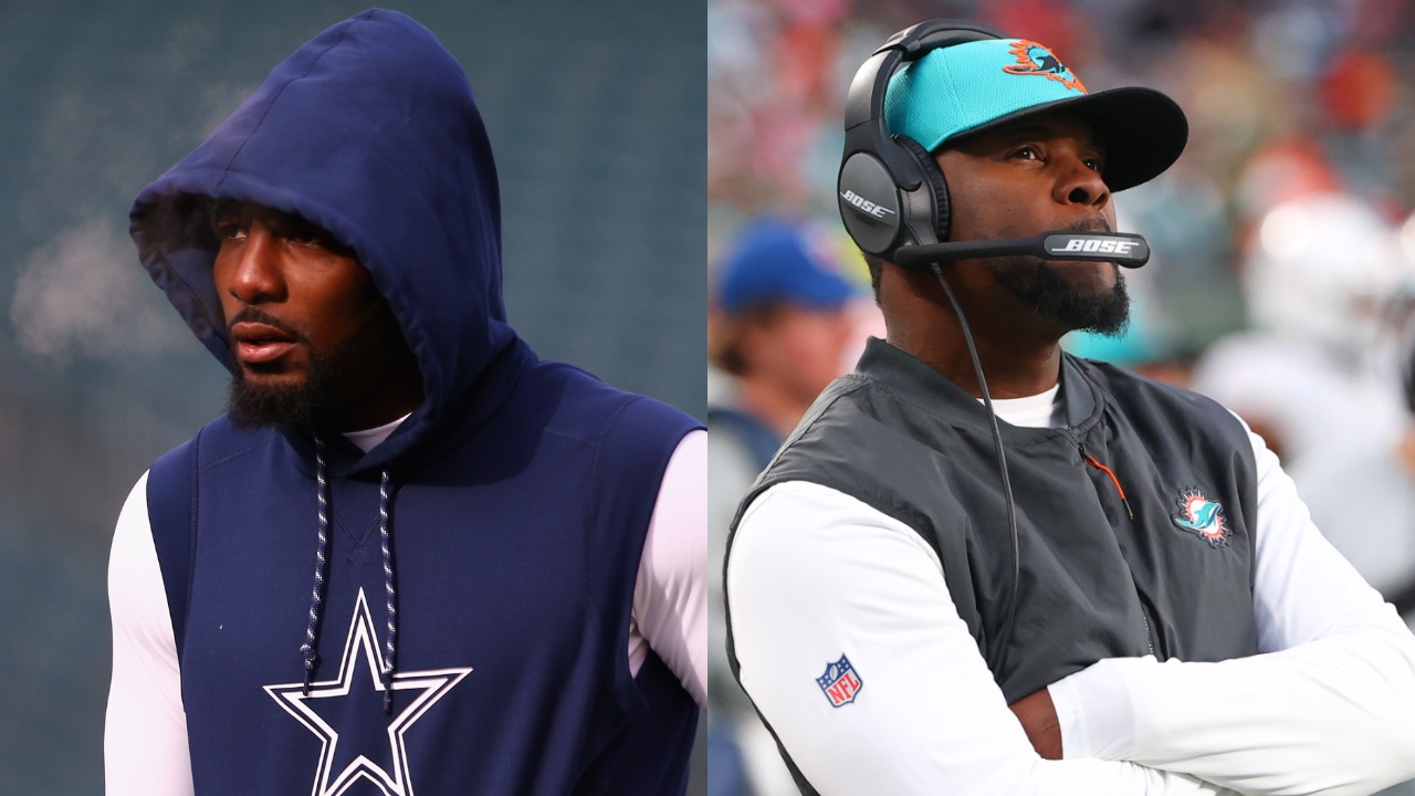 Cowboys WR Dez Bryant warms up before a game; Dolphins head coach Brian Flores looks on from the sideline