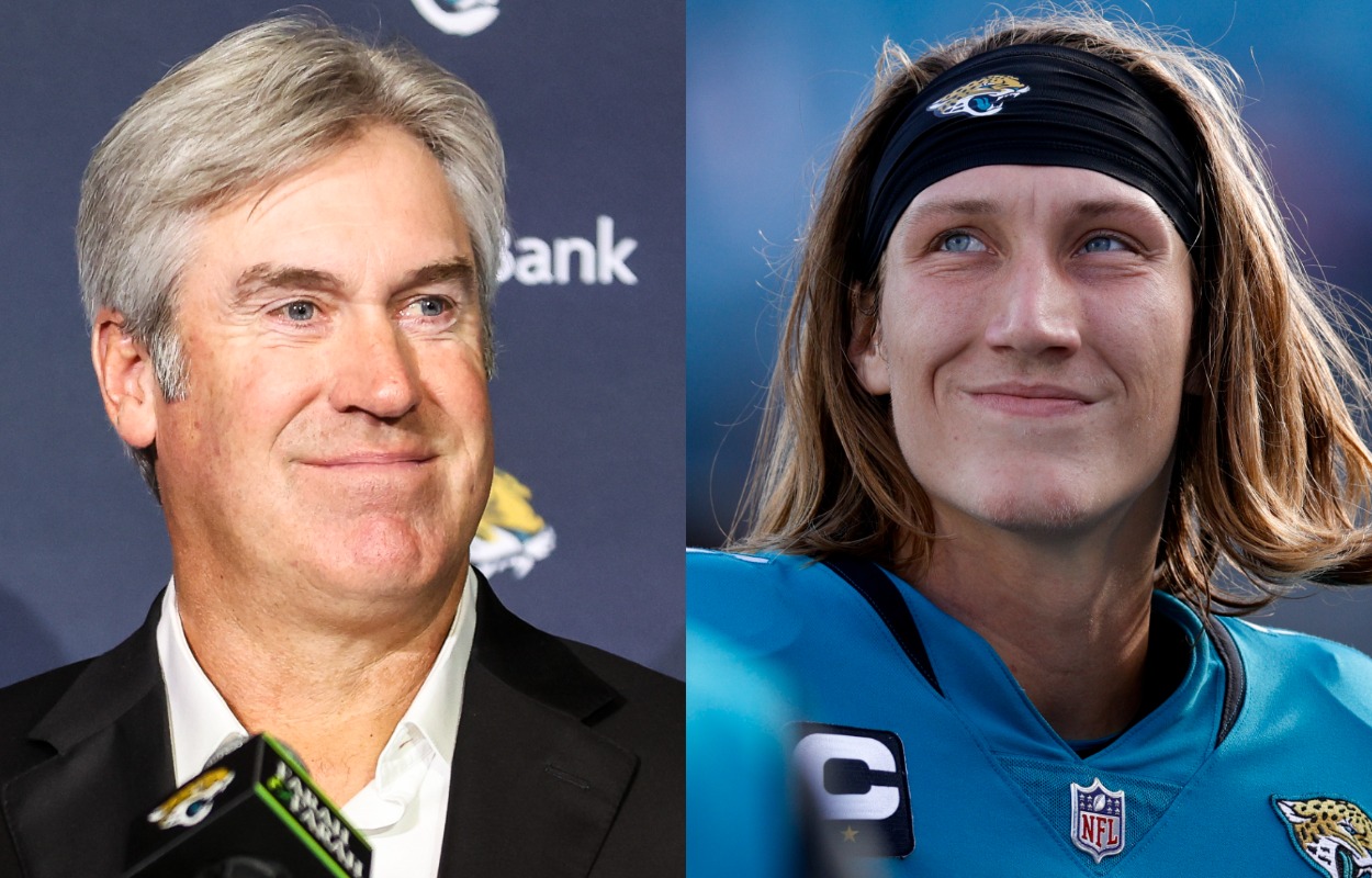Jacksonville Jaguars head coach Doug Pederson (L) and quarterback Trevor Lawrence.