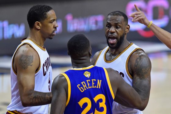 Former Cleveland Cavaliers star LeBron James talks trash to Golden State Warriors star Draymond Green during the 2016 NBA Finals.