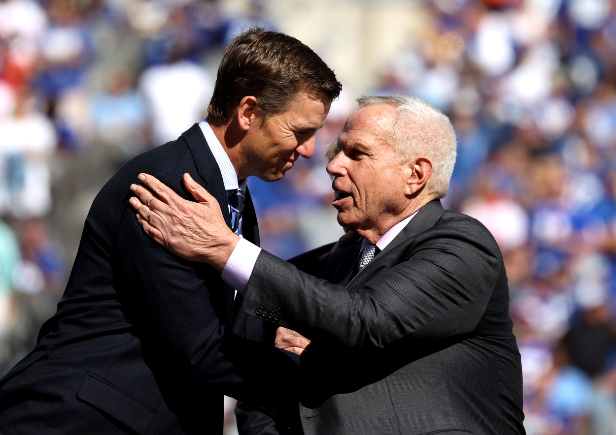 Eli Manning and New York Giants owner Steve Tisch in 2021.