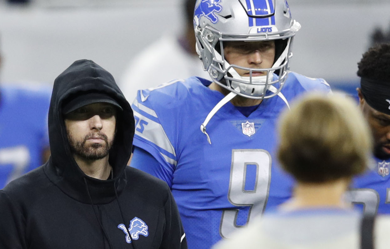Eminem and Detroit Lions quarterback Matthew Stafford in 2018. Stafford now plays for the Los Angeles Rams.