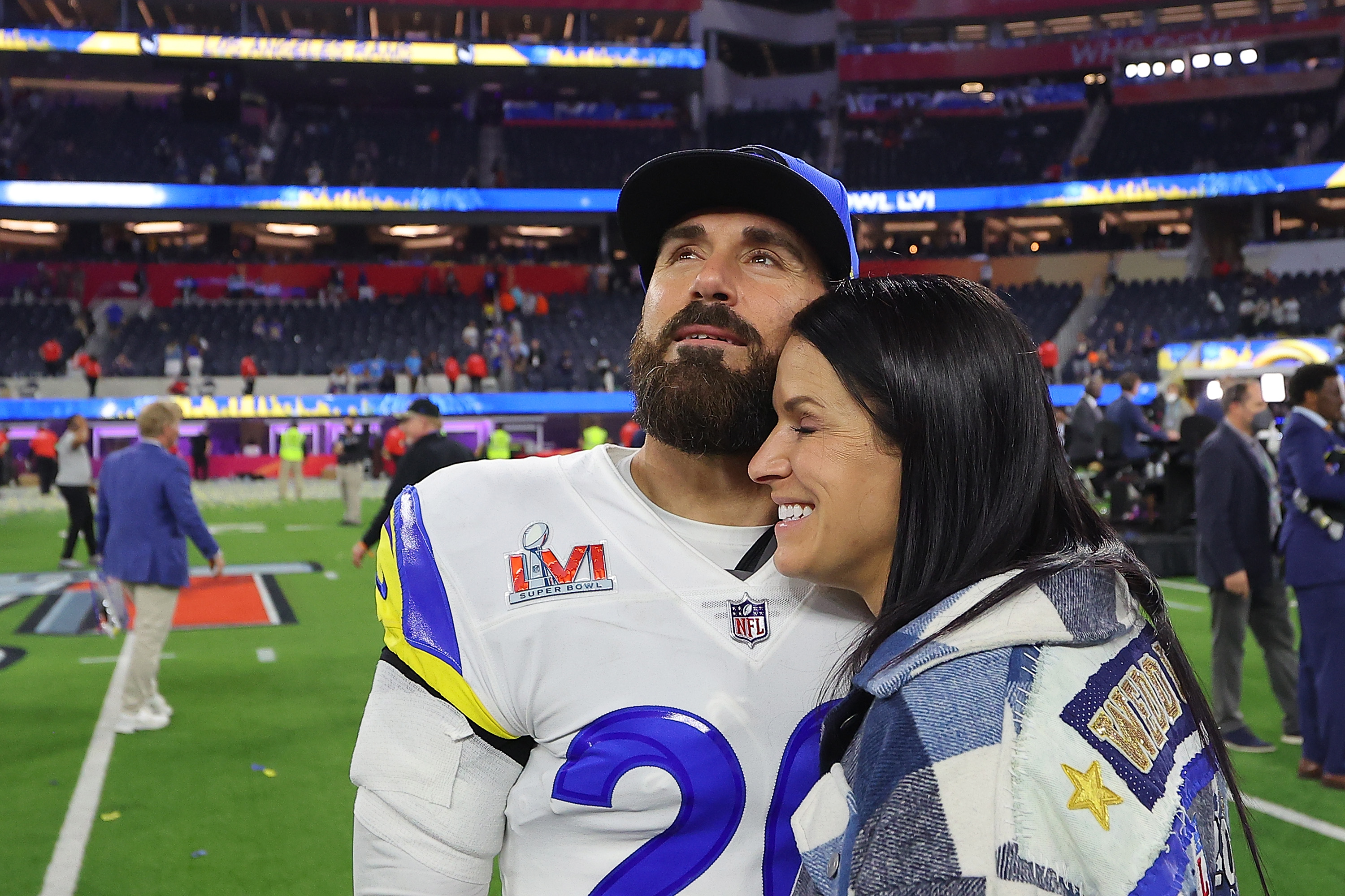 Rams safety Eric Weddle reacts after winning Super Bowl 56