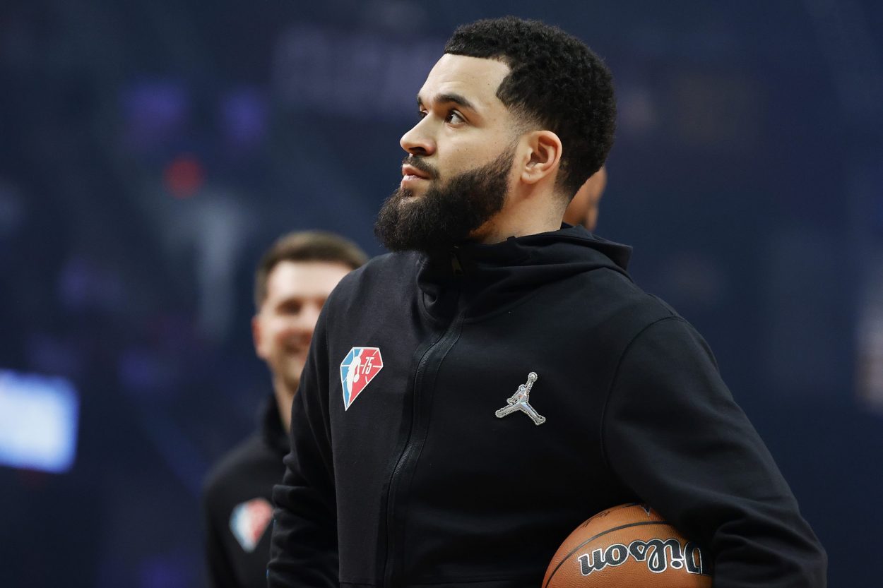Toronto Raptors point guard Fred VanVleet looks on before the 2022 NBA All-Star Game
