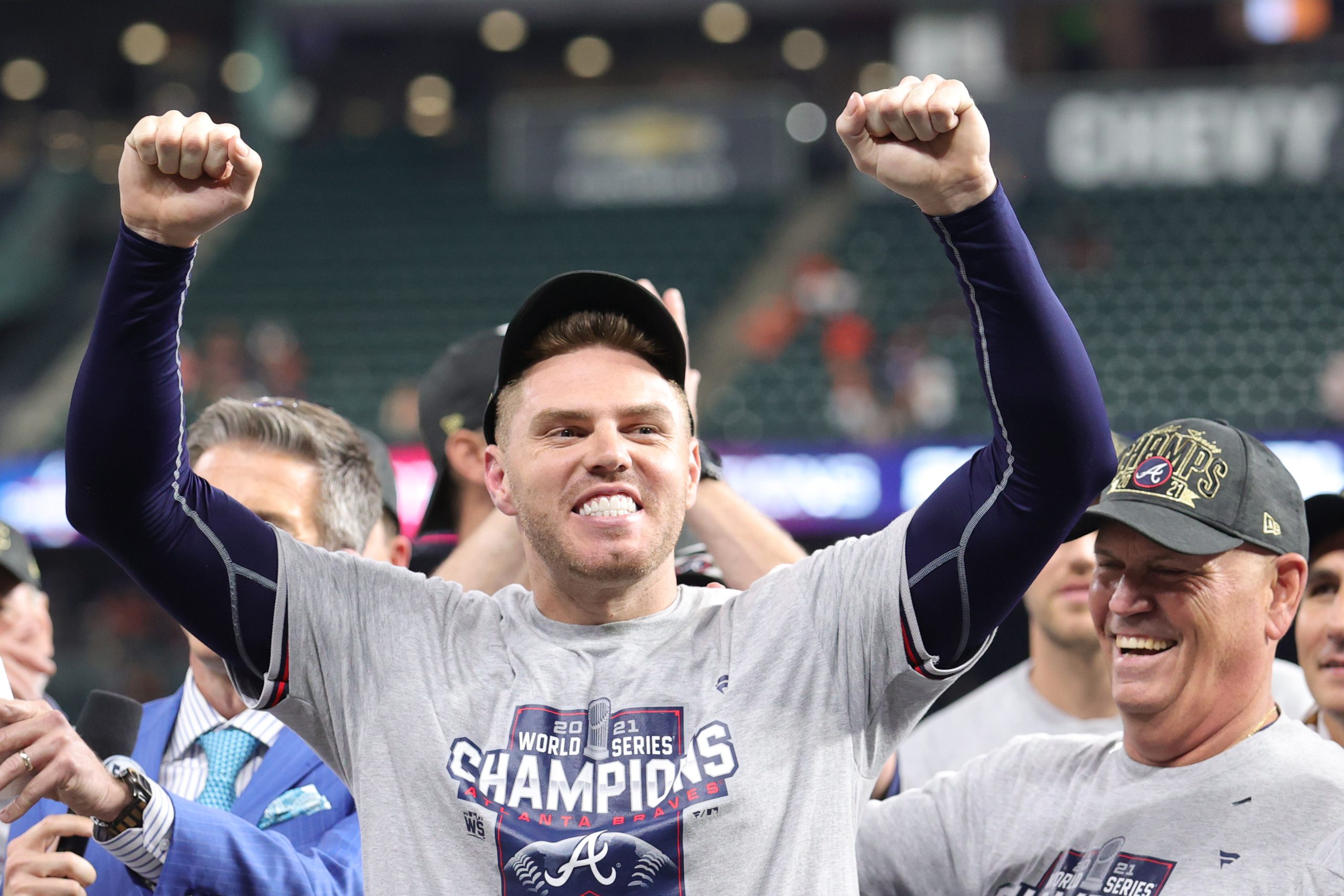 Freddie Freeman of the Atlanta Braves celebrates after the team's 7-0 victory against the Houston Astros.