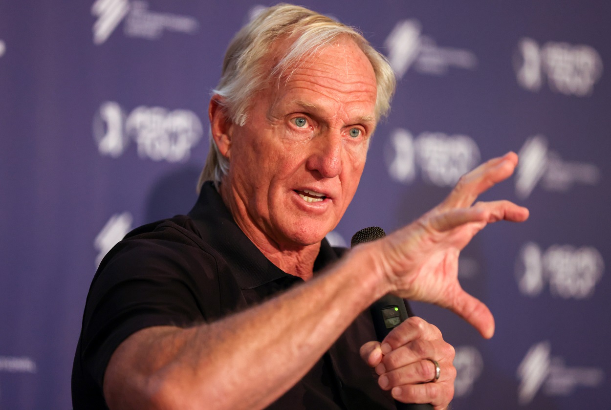 Greg Norman at a press conference ahead of the PIF Saudi International in February 2022