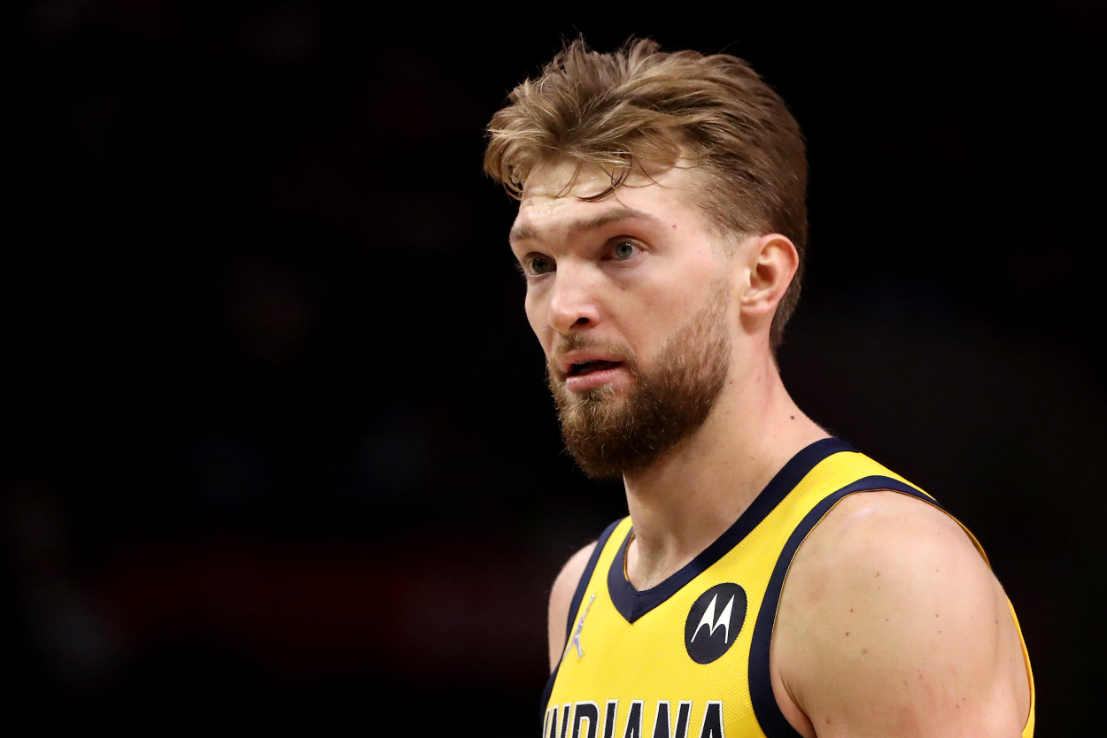 Indiana Pacers standout power forward Domantas Sabonis looks on during the third quarter against the Los Angeles Clippers at Crypto.com Arena on January 17, 2022 in Los Angeles, California.