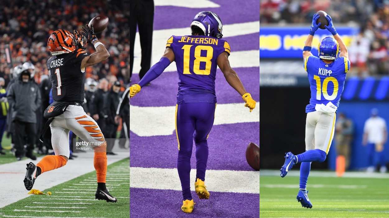 (L-R) 2022 Pro Bowl WRs JaMarr Chase of the Cincinnati Bengals, Justin Jefferson of the Minnesota Vikings, and Cooper Kupp of the Los Angeles Rams.
