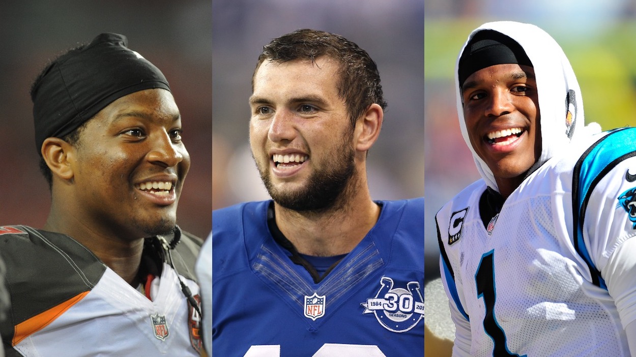 QBs drafted between Matthew Stafford and Joe Burrow include (L-R) Jameis Winston by the Tampa Bay Buccaneers, Andrew Luck by the Indianapolis Colts, and Cam Newton by the Carolina Panthers.