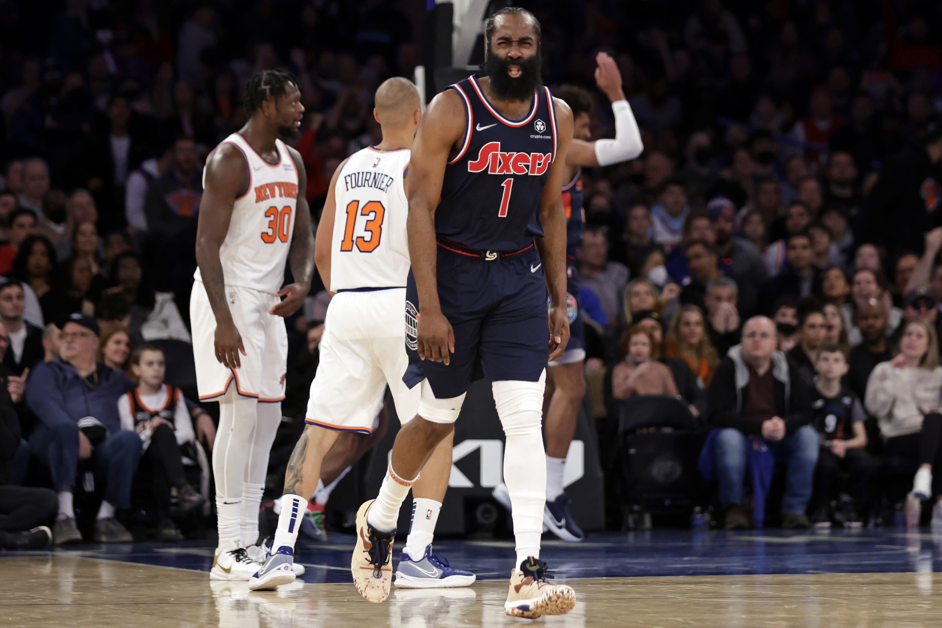 Philadelphia 76ers star James Harden reacts during an NBA game against the New York Knicks