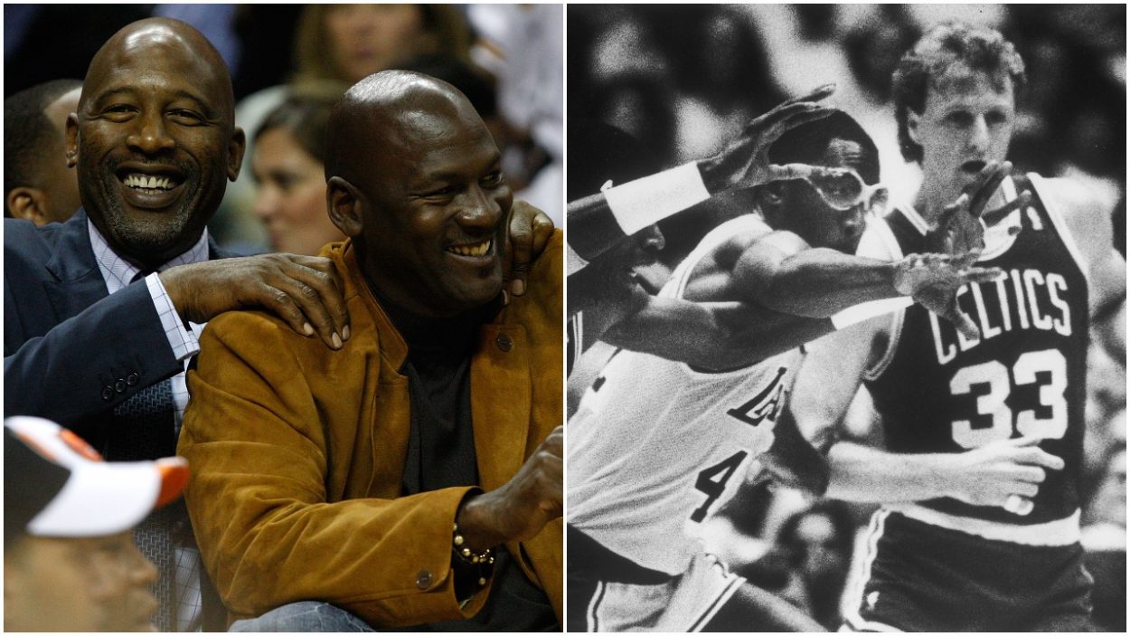 L-R: James Worthy and Chicago Bulls legend Michael Jordan at an NBA game in 2009 and Worthy guarding Larry Bird during a game between the Boston Celtics and Los Angeles Lakers in 1987