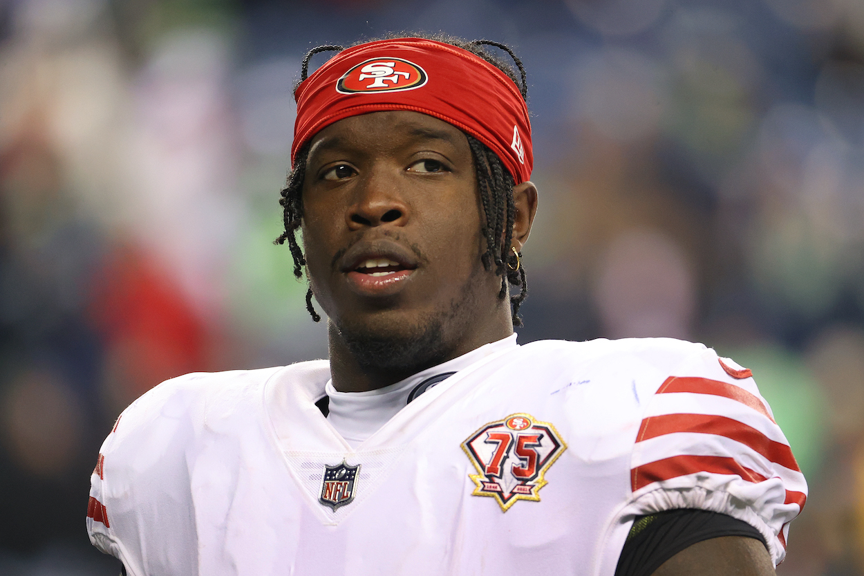 Jaquiski Tartt of the San Francisco 49ers reacts after the 30-23 loss to the Seattle Seahawks at Lumen Field on December 05, 2021 in Seattle, Washington.