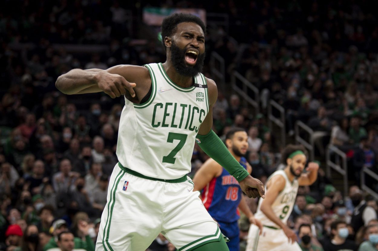 Boston Celtics star Jaylen Brown reacts during an NBA game against the Detroit Pistons
