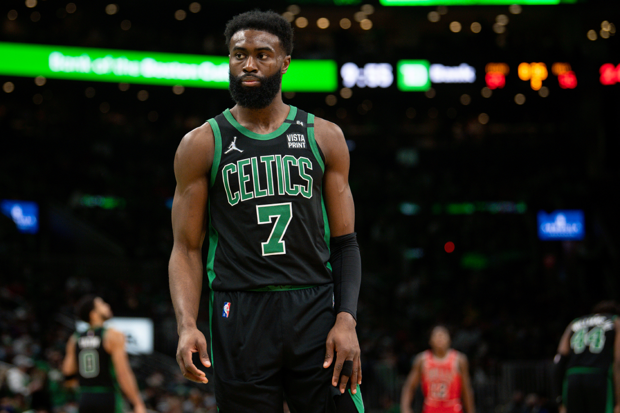 Jaylen Brown of the Boston Celtics looks on during a game against the Chicago Bulls.