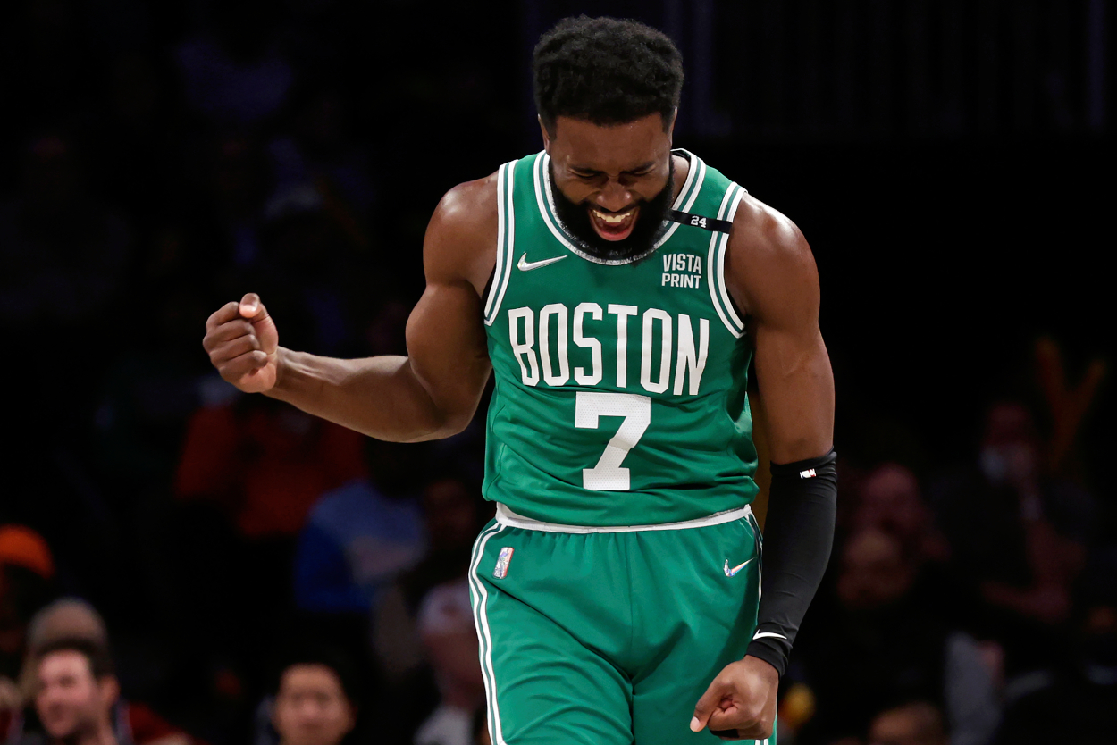 Jaylen Brown of the Boston Celtics reacts against the Brooklyn Nets.
