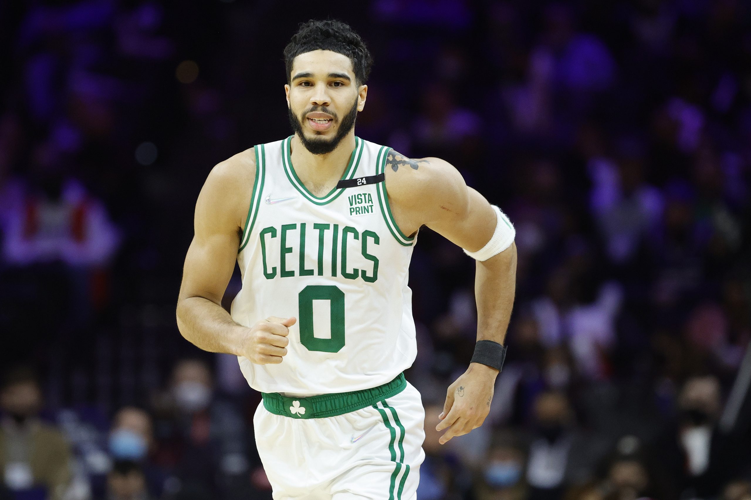 Jayson Tatum of the Boston Celtics looks on during the third quarter against the Philadelphia 76ers.