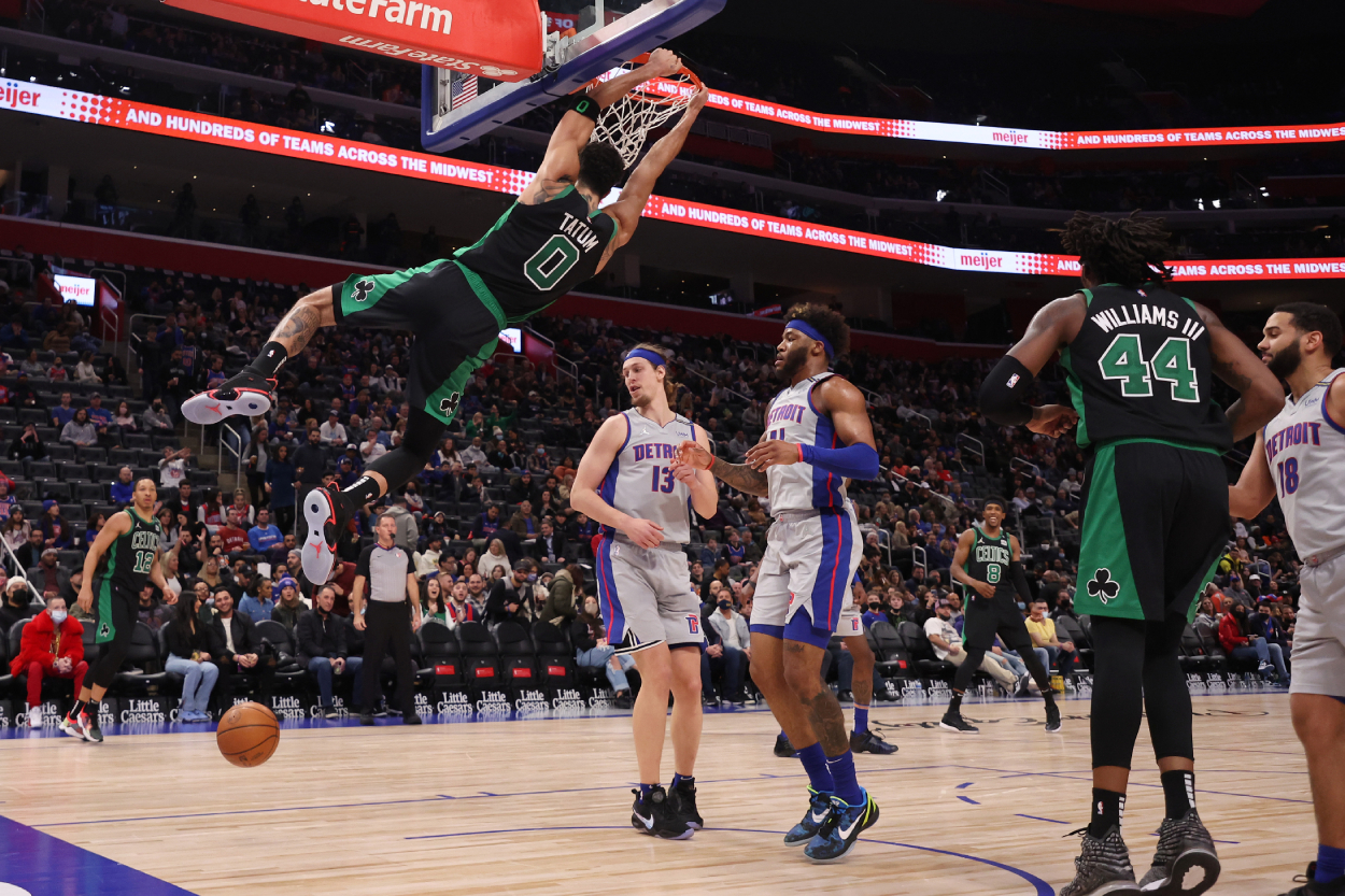 Jayson Tatum of the Boston Celtics dunks Friday against the Detroit Pistons.