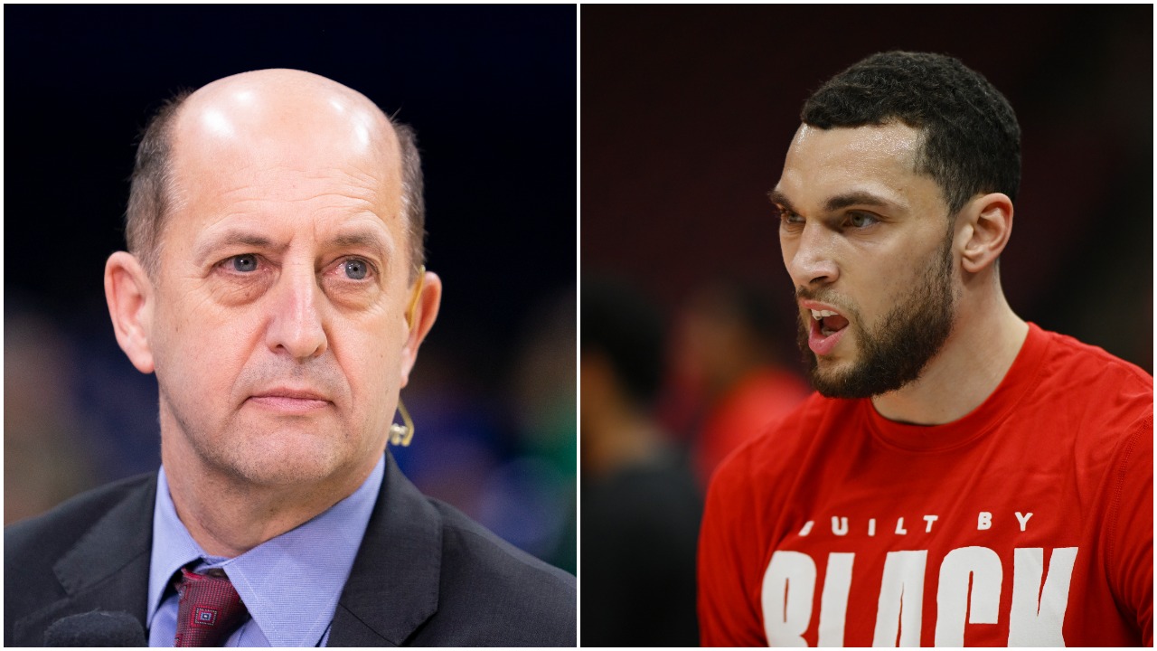 L-R: ESPN commentator and former NBA head coach Jeff Van Gundy watches a game in 2019, Chicago Bulls guard Zach LaVine warms up before a game in February 2022