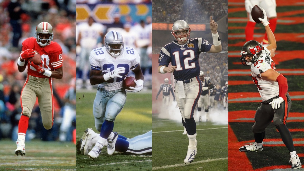Super Bowl greats (L-R) Jerry Rice of the San Francisco 49ers; Emmitt Smith of the Dallas Cowboys; Tom Brady of the New England Patriots; Rob Gronkowski of the Tampa Bay Buccaneers.