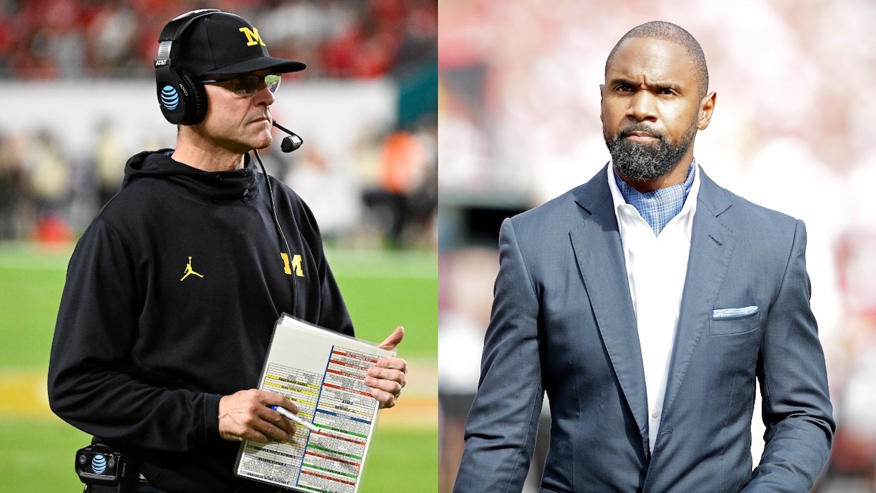 (L-R) Michigan Wolverines head coach Jim Harbaugh watches from the sidelines during the College Football Playoff Semifinal game between the Georgia Bulldogs and the Michigan Wolverines at the Capital One Orange Bowl on December 31, 2021; Charles Woodson walks the sidelines before the game at Camp Randall Stadium on October 02, 2021 in Madison, Wisconsin.