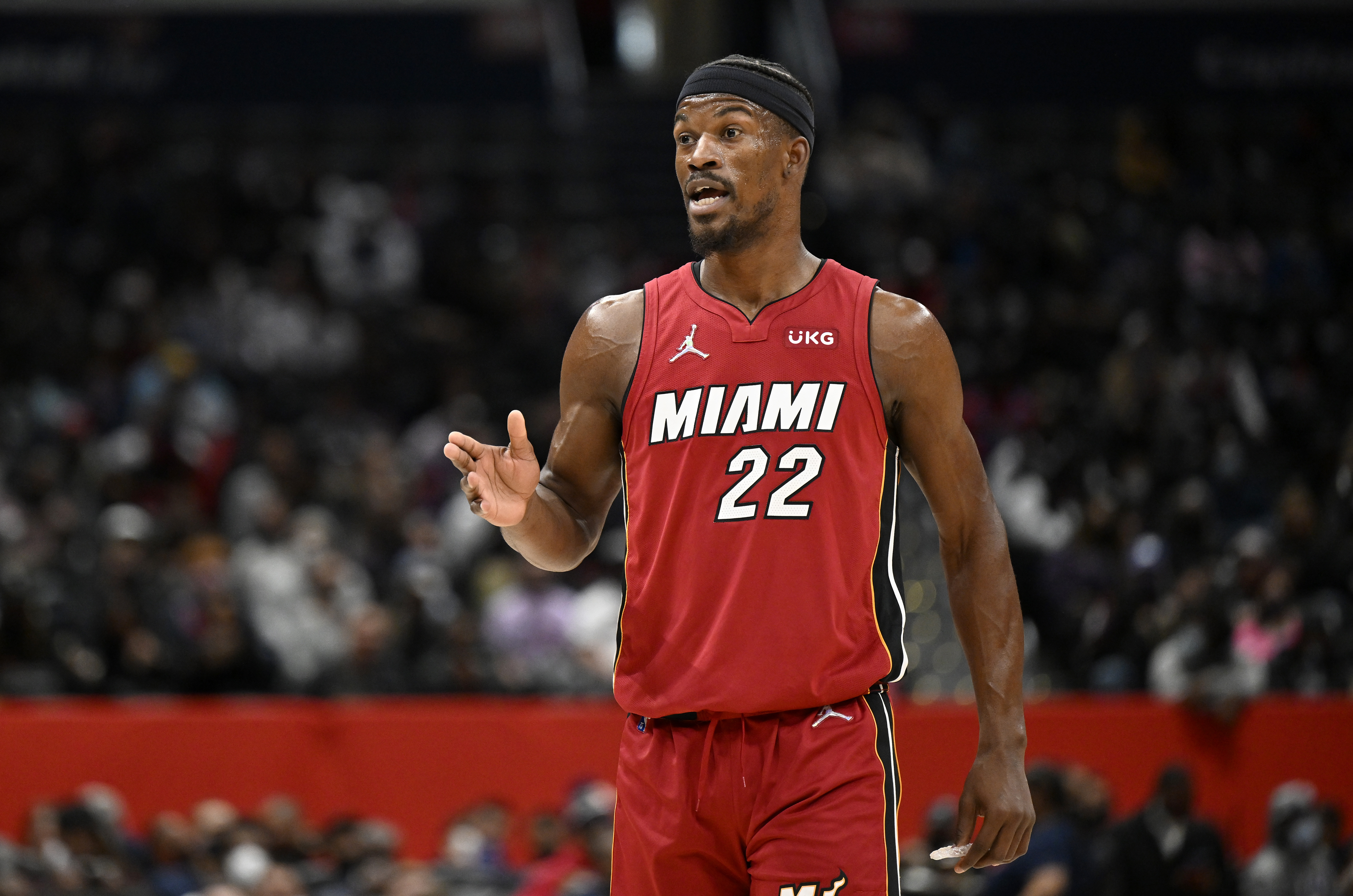 Miami Heat star Jimmy Butler barks out orders during an NBA game against the Washington Wizards in February 2022