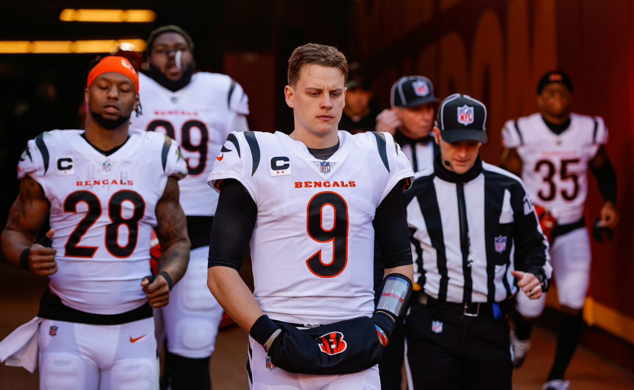 Joe Burrow of the Cincinnati Bengals walks out of the players tunnel.
