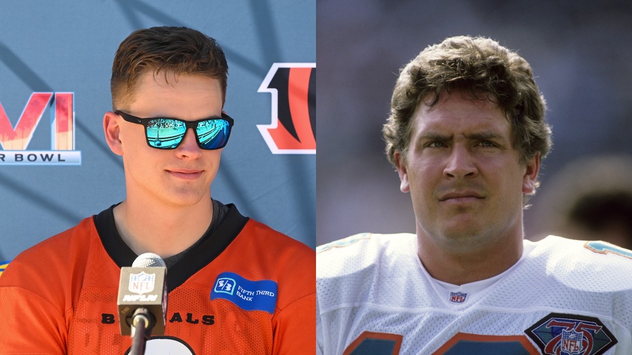 (L-R) Cincinnati Bengals QB Joe Burrow talks with the media during Cincinnati Bengals Super Bowl LVI media day on February 11, 2022, at UCLAs Drake Stadium in Los Angeles, CA; Hall of Fame quarterback Dan Marino of the Miami Dolphins during the Dolphins 22-21 loss to the San Diego Chargers in the 1994 AFC Divisional Playoff Game on January 8, 1995 at Jack Murphy Stadium in San Diego, California.