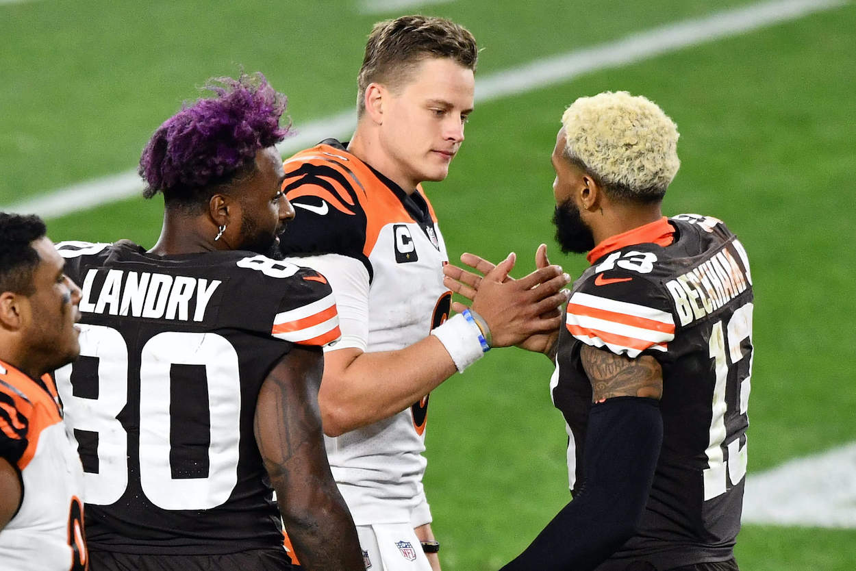 Joe Burrow of the Cincinnati Bengals meets up with Odell Beckham Jr. of the Cleveland Browns after the game at FirstEnergy Stadium on September 17, 2020 in Cleveland, Ohio. Cleveland defeated Cincinnati 35-30.