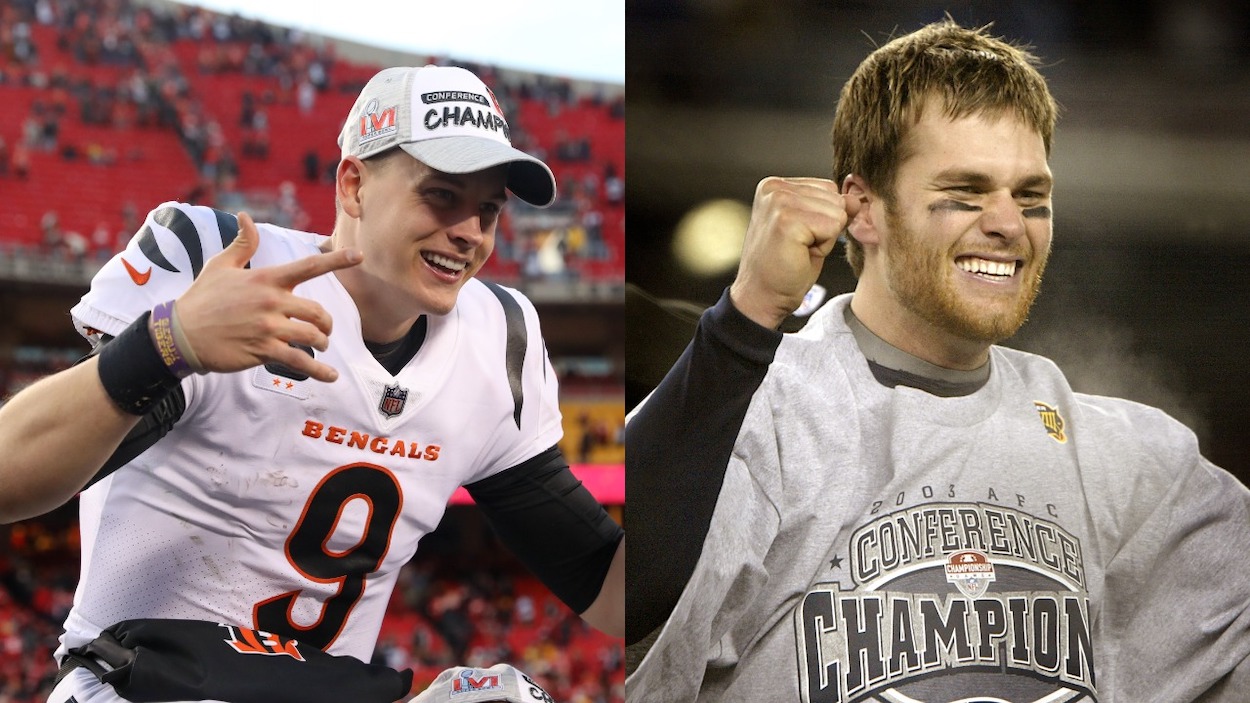 (L-R) Teammates raise Cincinnati Bengals quarterback Joe Burrow (9) up in the air after the AFC Championship game between the Cincinnati Bengals and Kansas City Chiefs on Jan 30, 2022; An exuberant Tom Brady on the AFC Championship podium following the New England Patriots' win over the Indianapolis Colts to advance to the Super Bowl in Houston, TX.