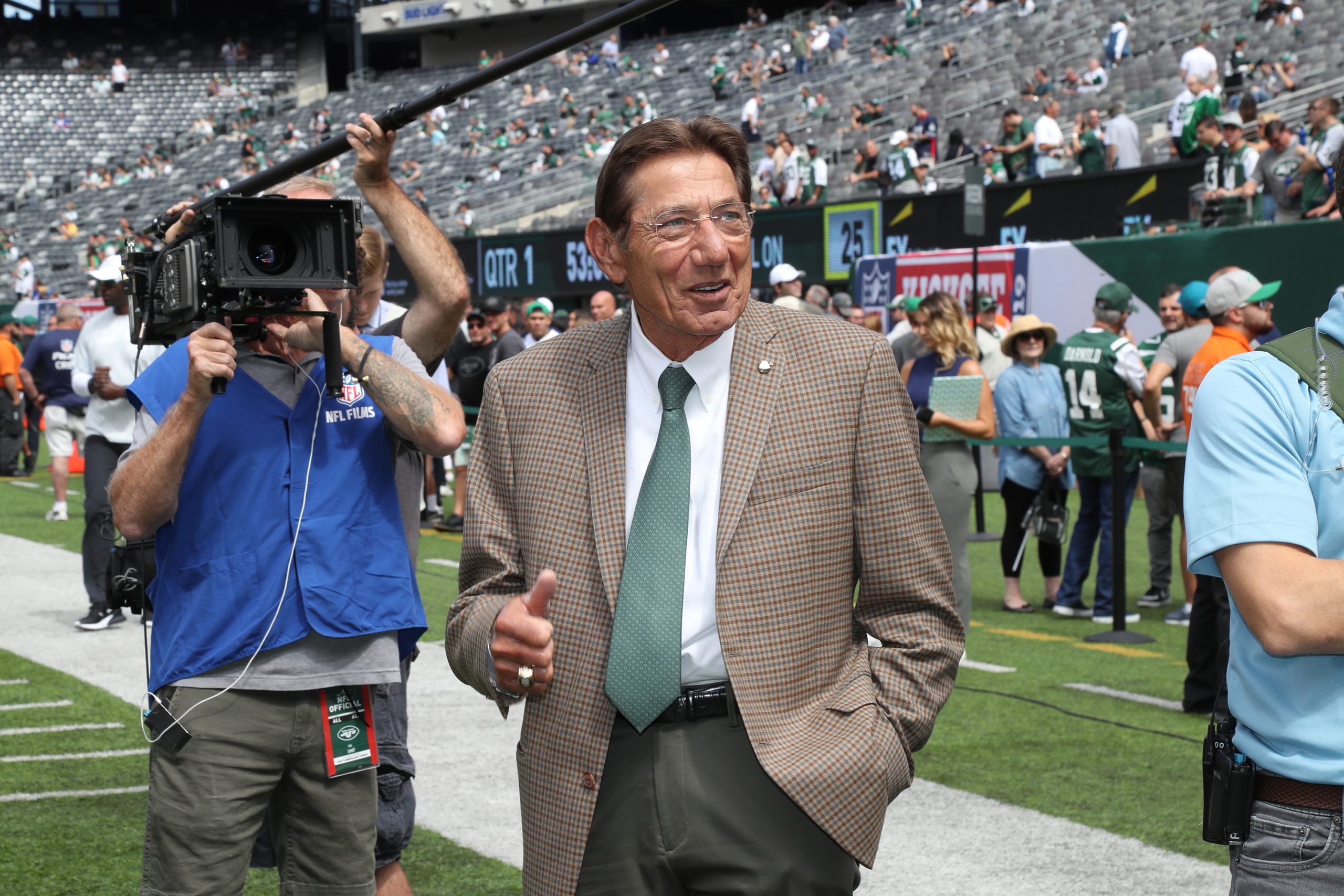 Pro Football Hall of Famer Joe Namath attends the Buffalo Bills vs. New York Jets game at MetLife Stadium on September 8, 2019.